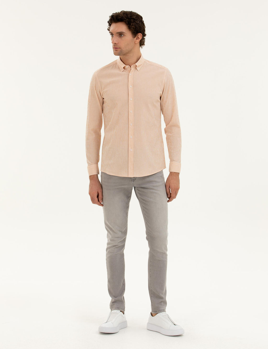 Оранжевая рубашка узкого кроя из смесового хлопка в полоску - Cacharel фото 4