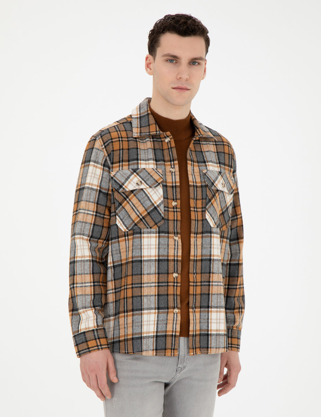 A__k Kahverengi Oduncu Oversize Uzun Kollu G_mlek