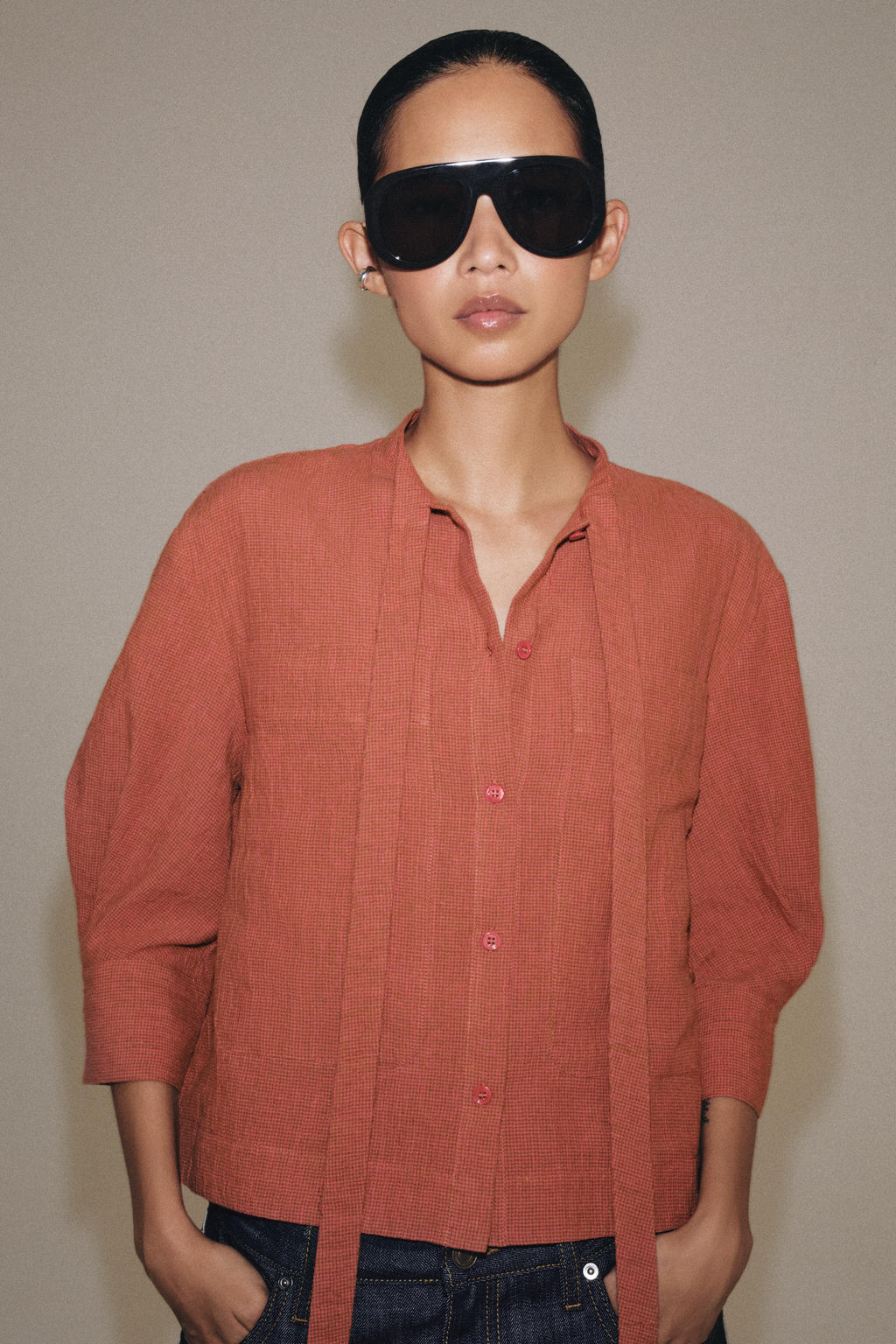 CAMISA LAZADA CON LINO ZW COLLECTION / Naranja quemado - Zara фото 2