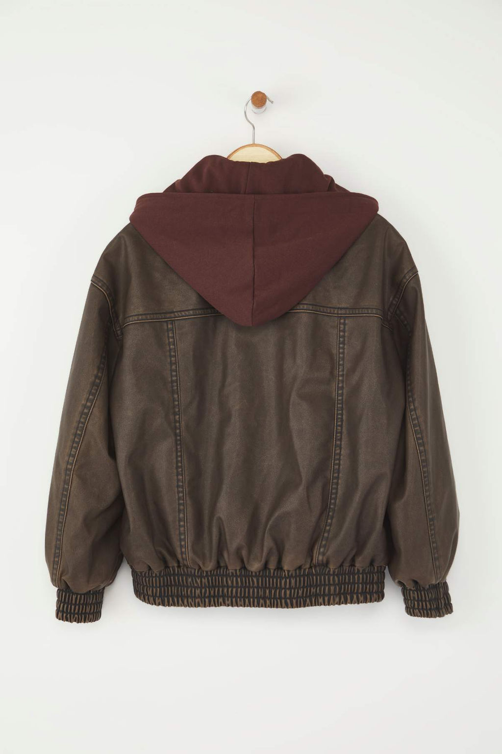 Kahverengi Oversize C?kar?labilir Kapusonlu Eskitme Efektli Suni Deri Bomber Mont TWOAW26MO00008 - Trendyolmilla фото 6