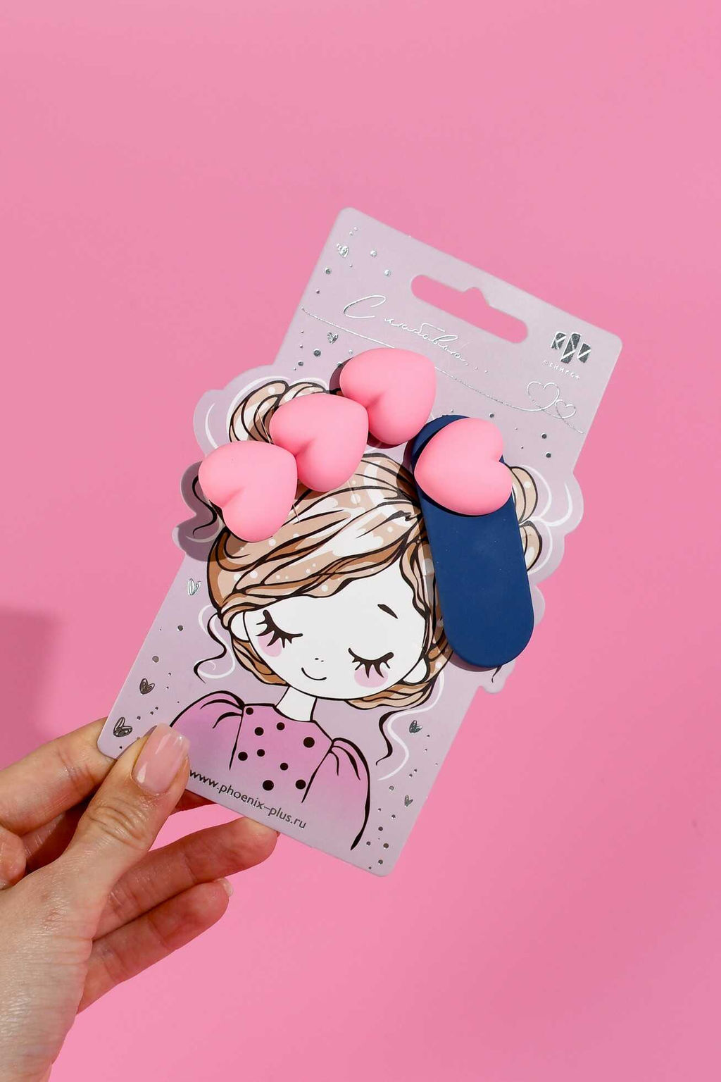 Набор заколок для волос клик-клак, зажим, софт-тач, арт. 71755 / 10 СЕРДЕЧКИ (в наборе: 2шт., 6,4; 6,7 см, черный металл, поликарбонат, полиэфирная смола, цвет: розовый, серо-голубой, подложка из мелованного картона + ПЭТ-пакет с европодвесом)