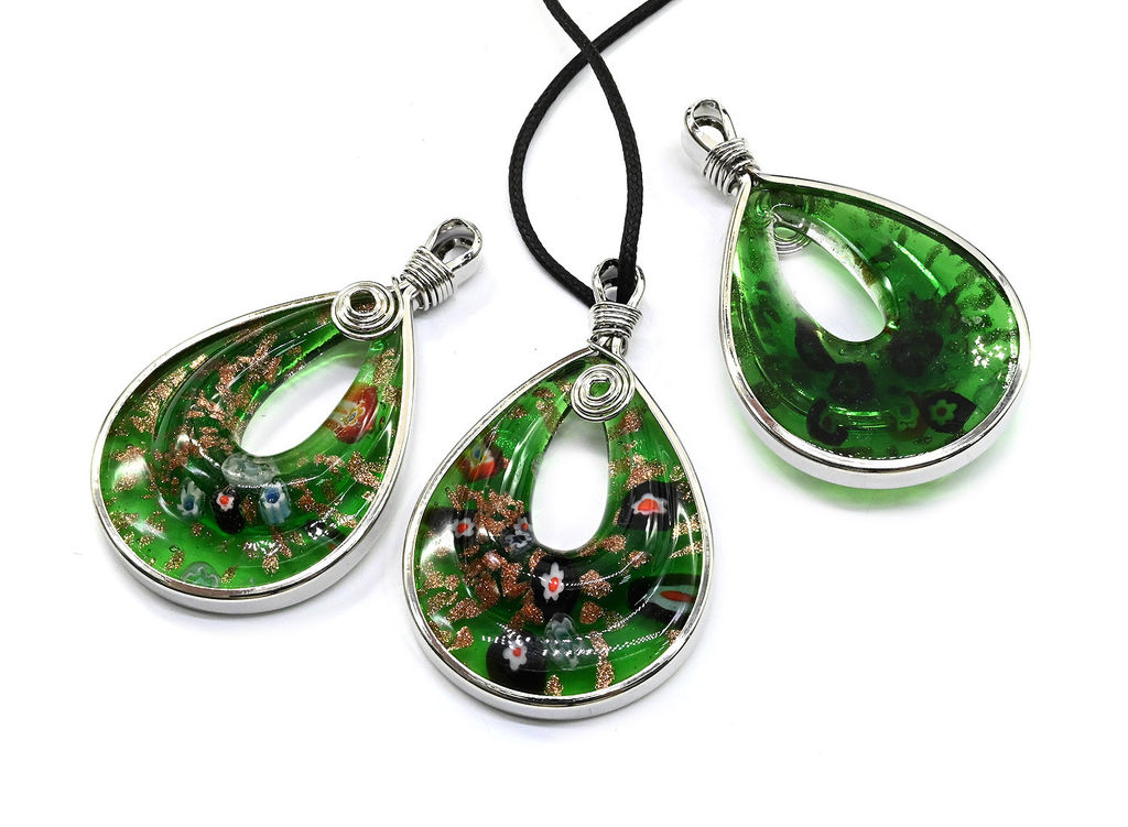 Подвеска из муранского стекла Капля 40*68мм в металле цв.зеленый