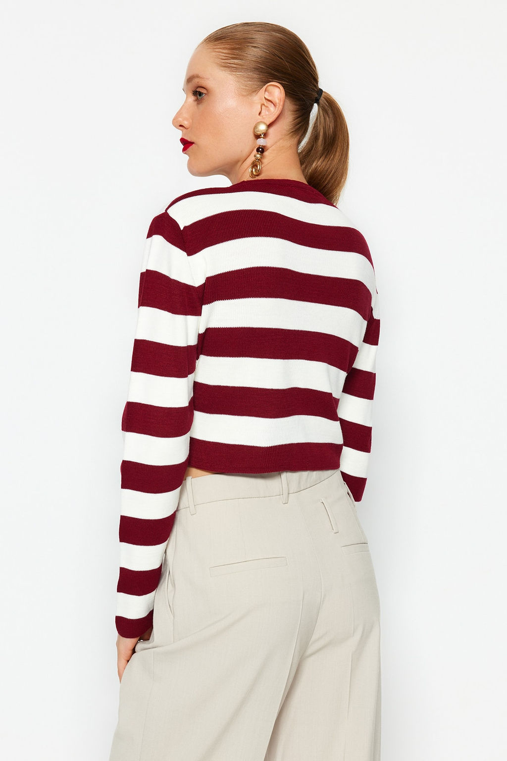 Bordo Crop Basic Cizgili Triko Kazak TWOAW23KZ00034 - Trendyolmilla фото 5