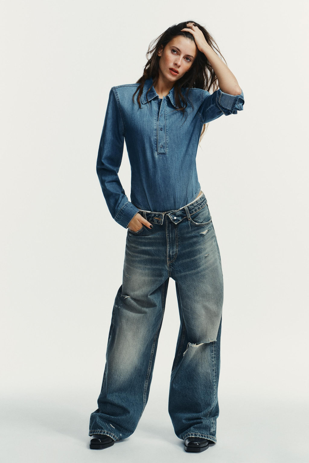 SHIRT-STYLE BODYSUIT WITH SHOULDER PADS