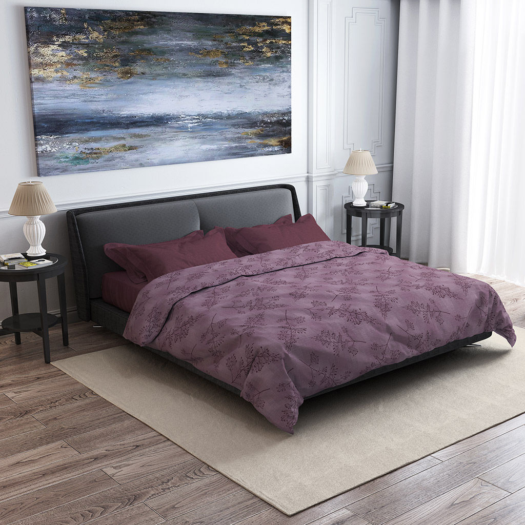 Постельное белье, комплект 2-х спальный "Ботаника" ягодный/"Баклажан", 4 предмета: пододеяльник на кнопках 175х215см, евро-простыня 220х240см, 2 наволочки 70х70см с клапаном-запахом, поплин "Комфорт" 115г/м2, хлопок 100%, упаковка "классическая" ПВХ