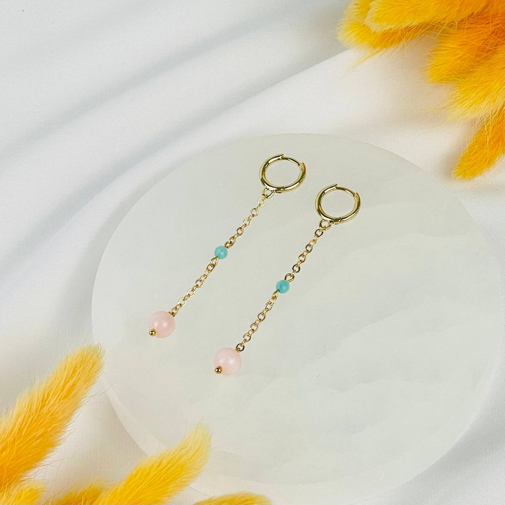 Серьги на цепочке из розового Опала и Амазонита