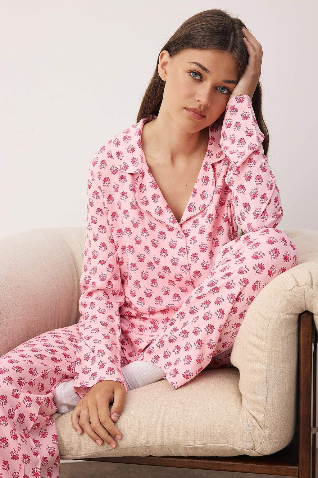 Pembe Cicekli Shally Dokuma Pijama Tak?m? THMAW26PT00028