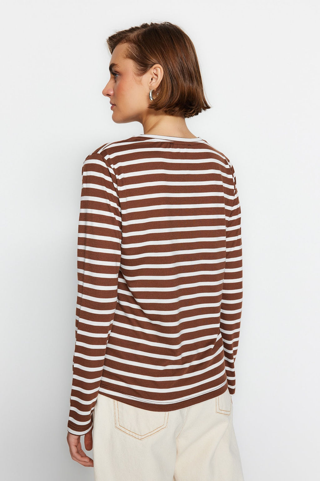 Kahverengi Cizgili Basic Bisiklet Yaka Orme T-shirt TWOAW23TS00002