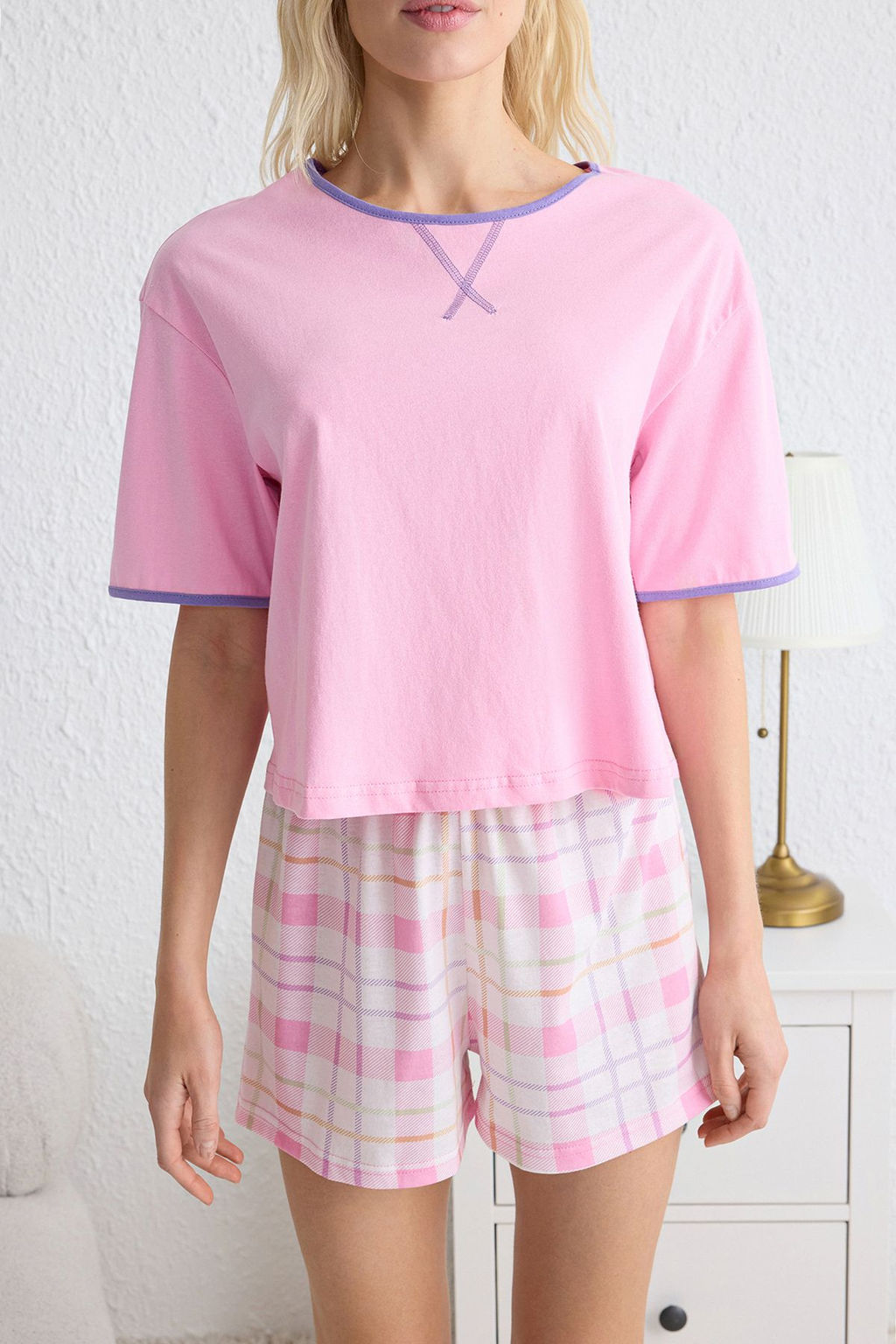 Trendyolmilla Lacivert %100 Pamuklu Ekoseli Biye Detayl? Sortlu Orme Pijama Tak?m? THMSS25PT00097 фото 4