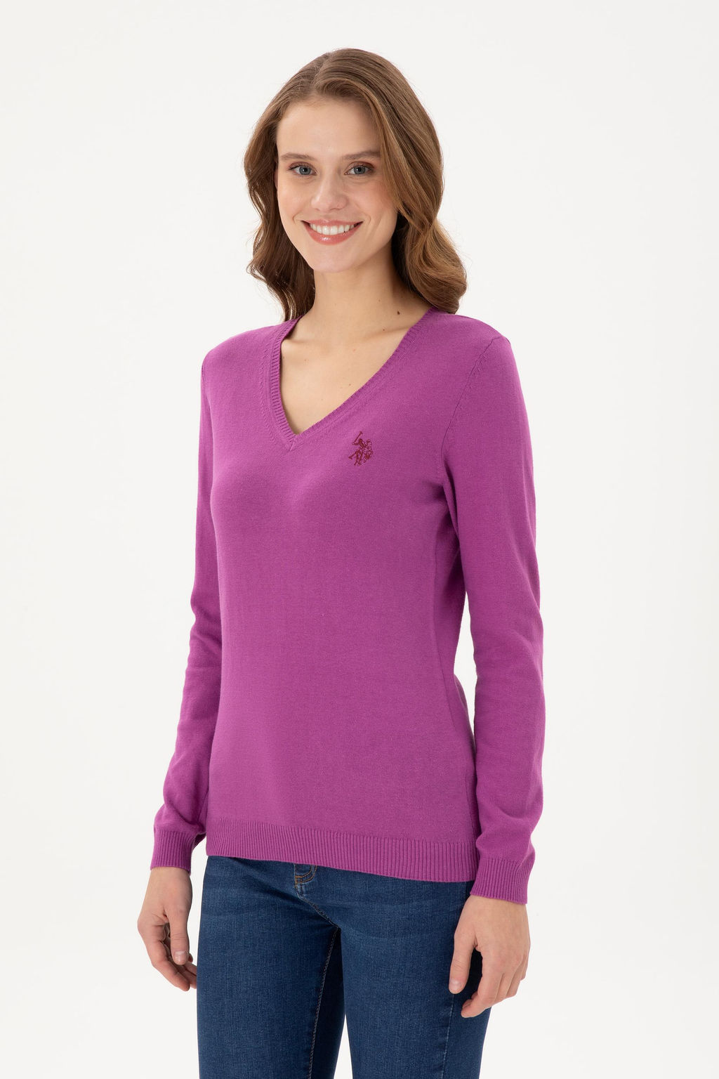 Женский фиолетовый базовый свитер с v-образным вырезом