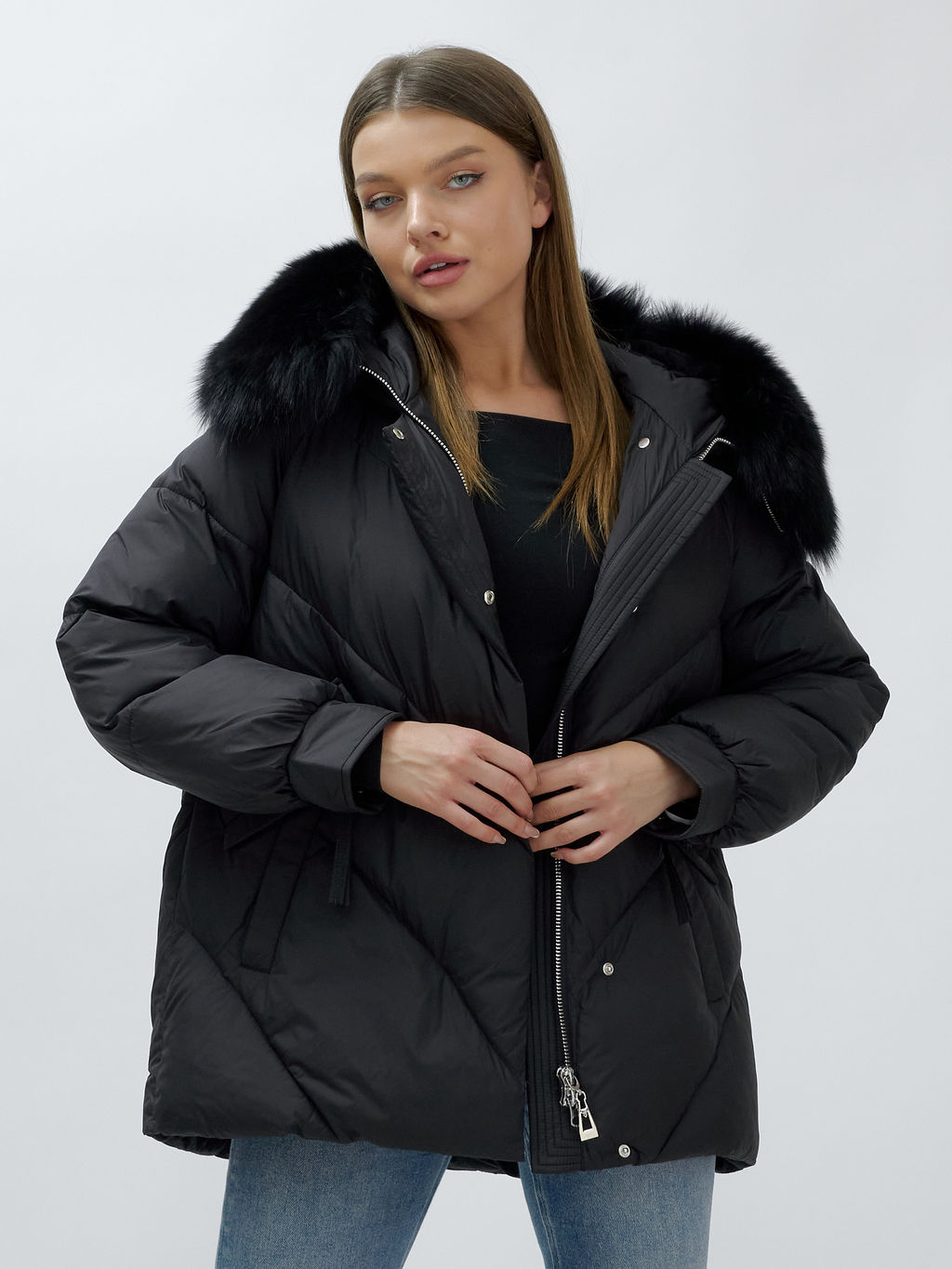 Полупальто женское зимние с мехом песец люкс класса черного цвета 6227Ch - Visdeer фото 17