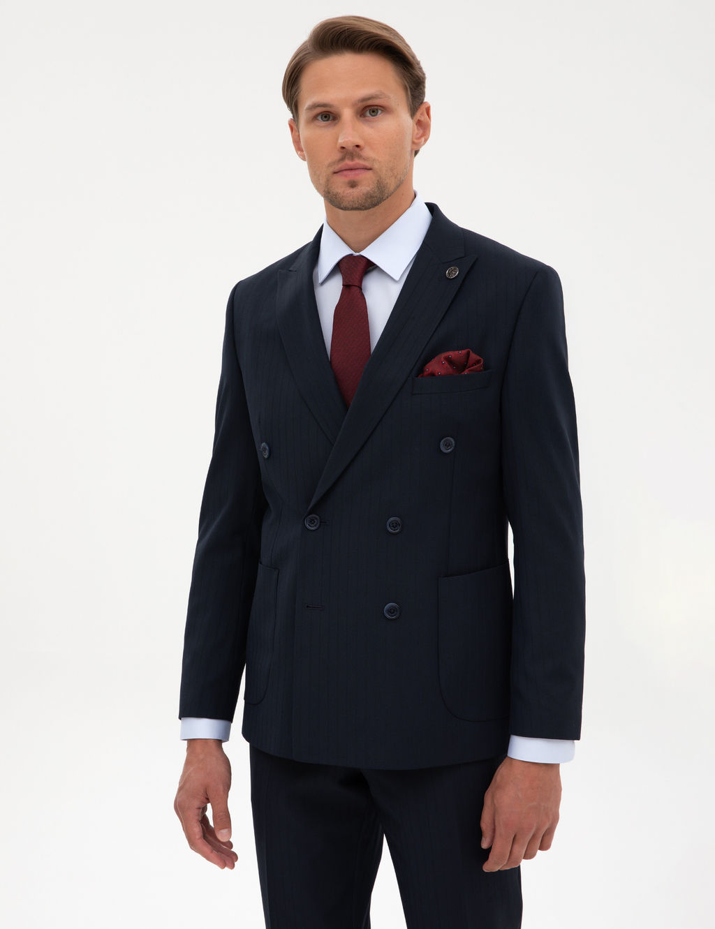 Lacivert Extra Slim Fit _izgili Kruvaze Tak_m Elbise