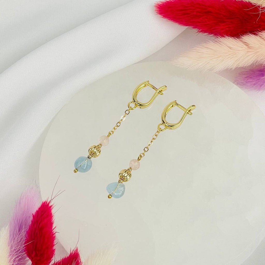 Серьги на цепочке из Розового кварца и Аквамарина