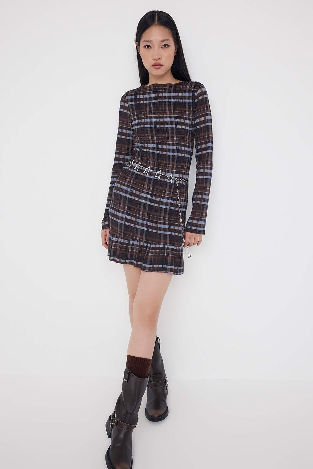 Teen Kahverengi Ekose/Kareli Gipeli Bodycone K?sa/Mini Orme Elbise TWOAW26EL00144