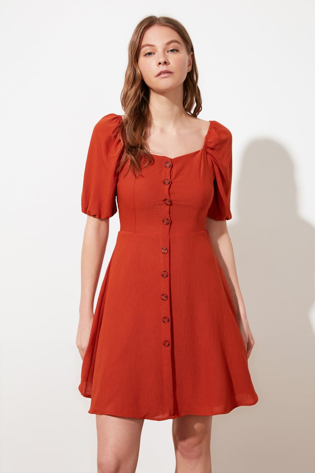 TRENDYOLMILLA Kiremit A Kesim Balon Kollu Mini Dokuma Elbise TWOSS20EL2314  фото 9