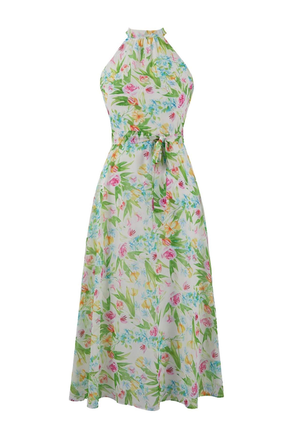 Beyaz Cicek Desenli Kusakl? A Kesim Halter Yaka Astarl? Sifon Ucus Ucus Midi Elbise TWOSS20EL2536