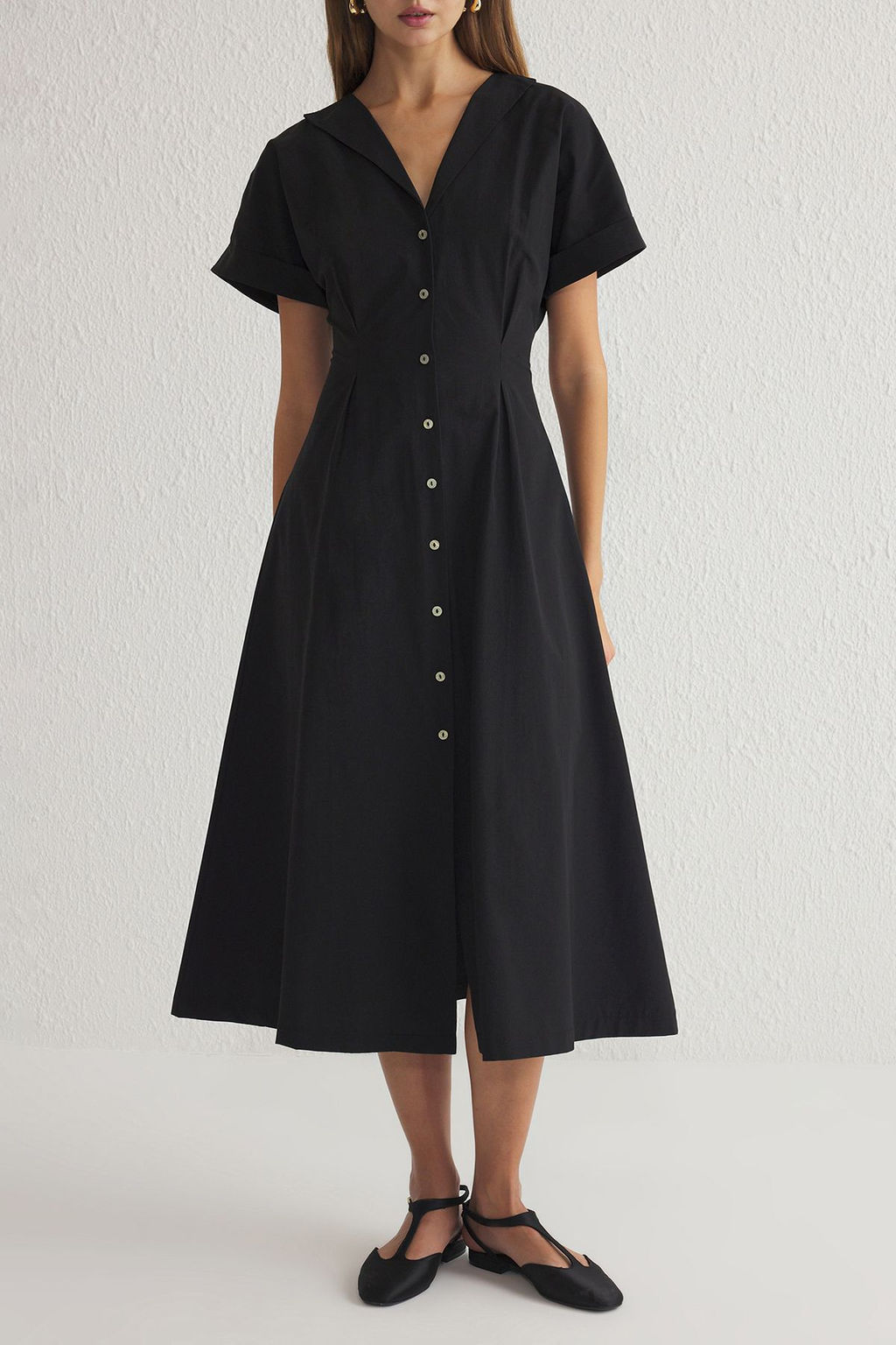 TRENDYOLMILLA Siyah Belden Ac?lan Midi Dokuma Gomlek Elbise TWOSS24EL00052  фото 4