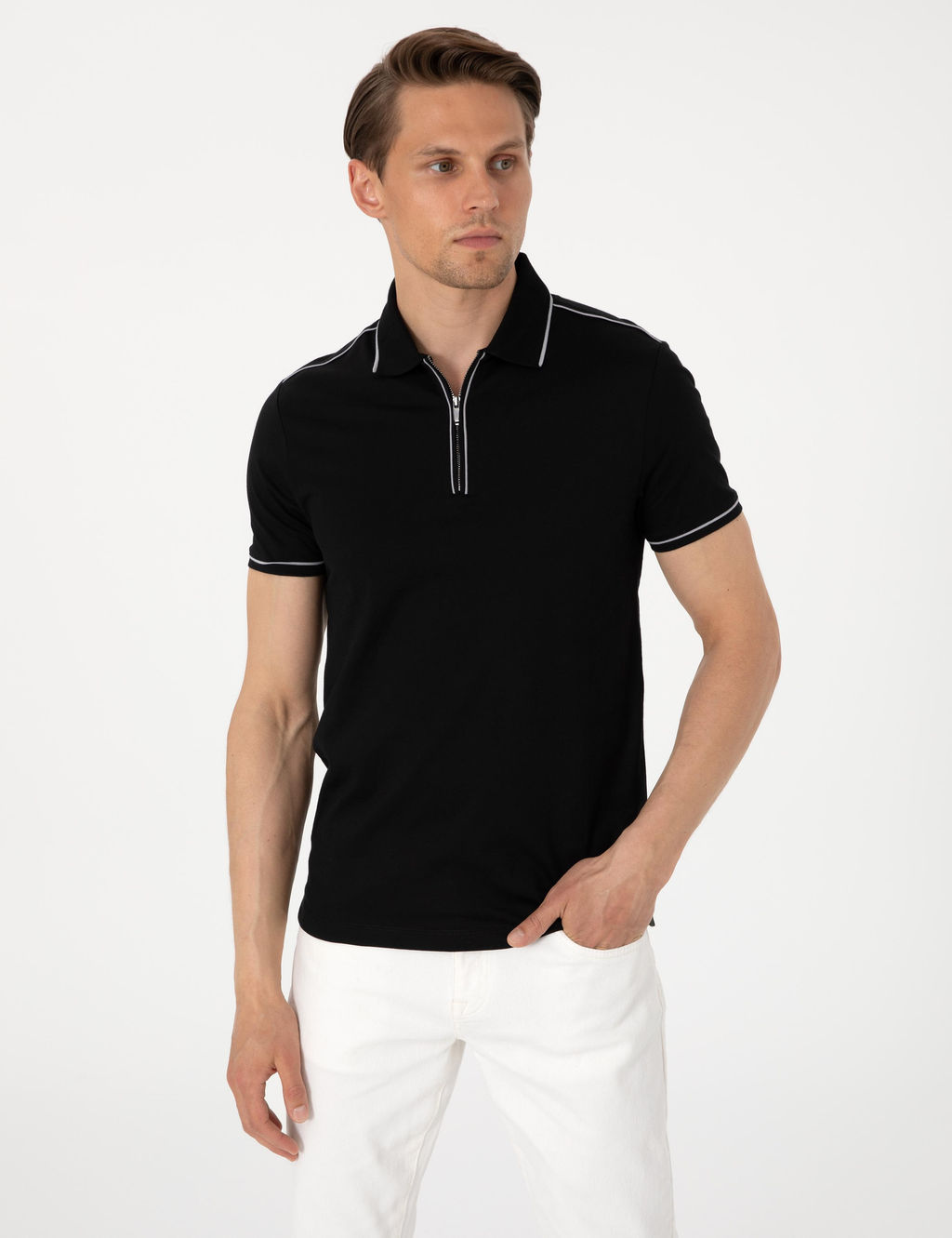 Siyah Slim Fit %100 Pamuk Polo Yaka Merserize Ti__rt