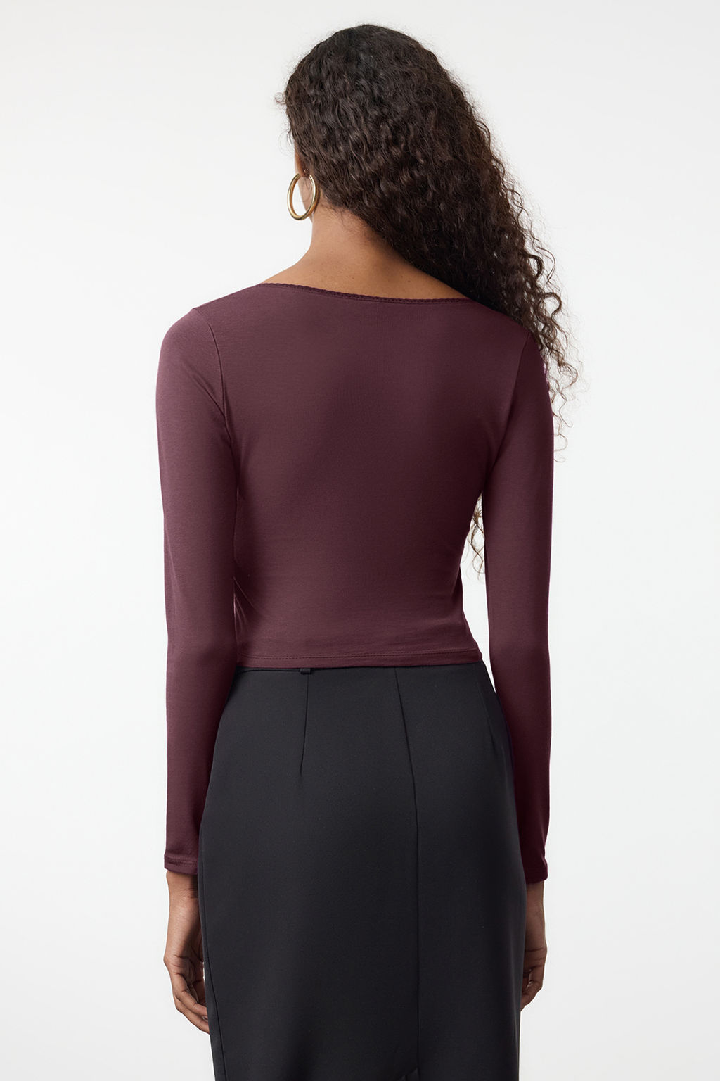 Murdum Derin Kruvaze Yaka Dantel Detayl? Uzun Kol Crop Pamuklu Esnek Orme Bluz TWOAW24BZ00291