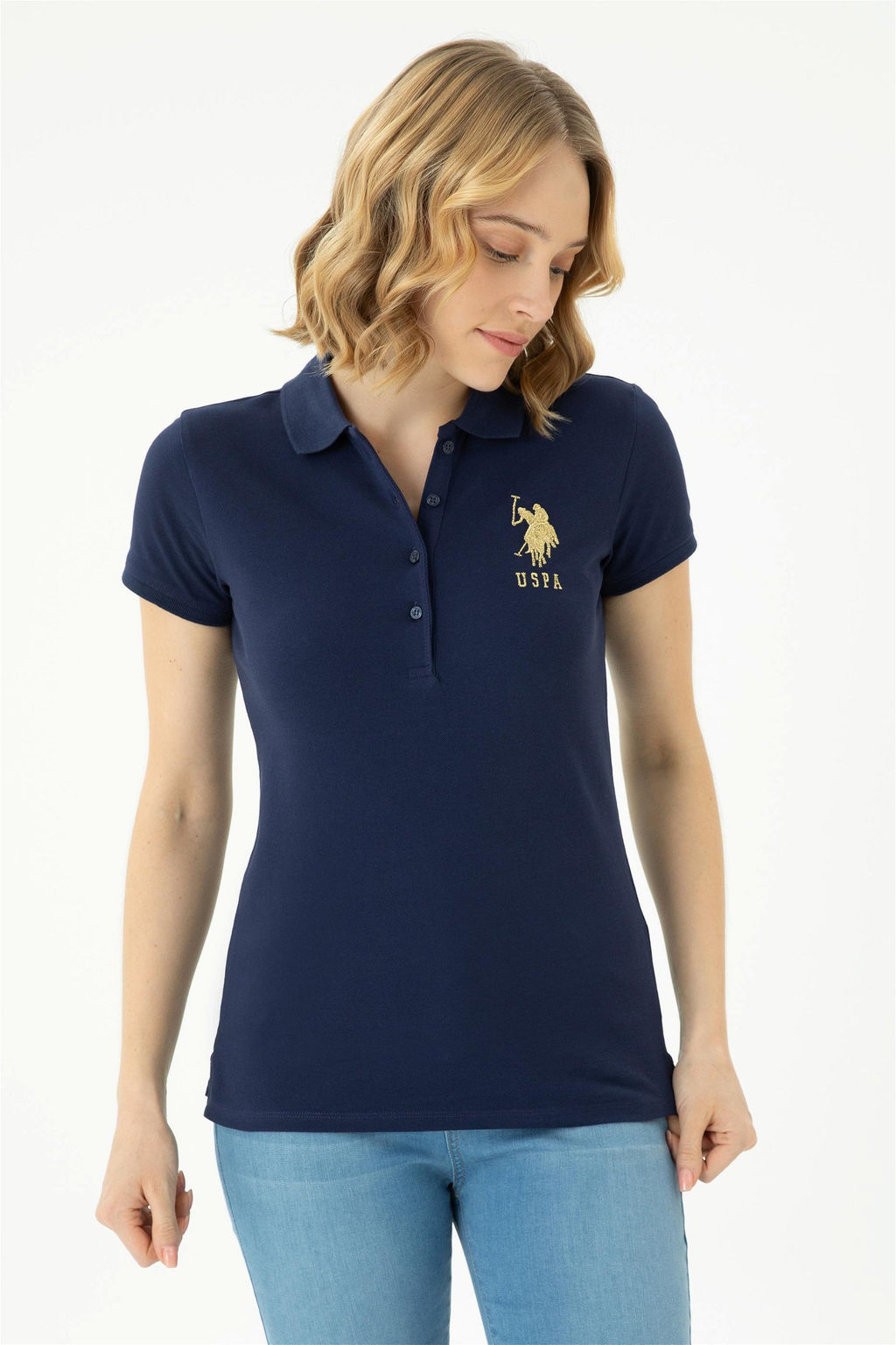 Женская темно-синяя базовая футболка с воротником-поло Неожиданная скидка в корзине - U.s. polo assn фото 3
