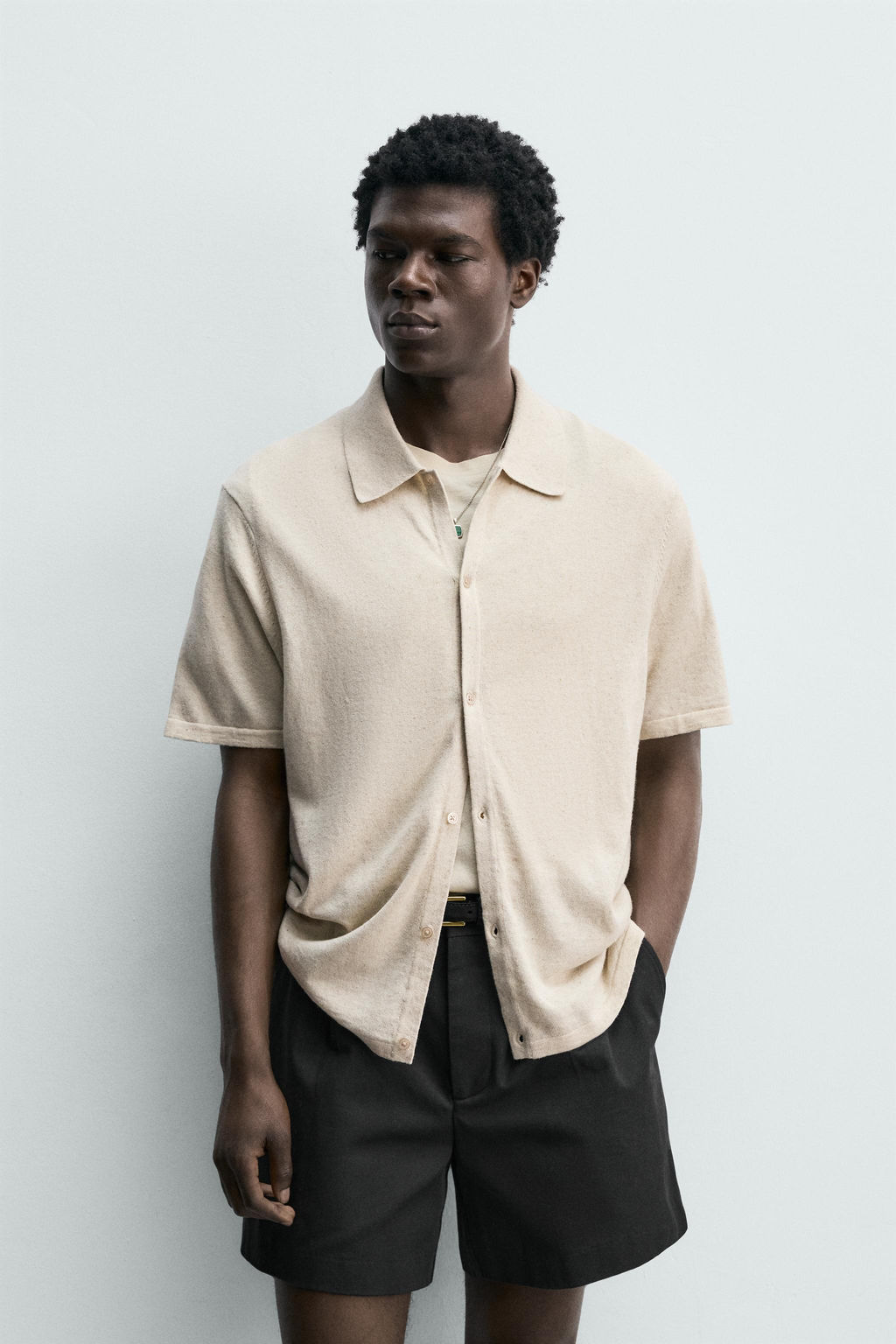 CAMISA PUNTO ALGOD?N - LINO / tostado - Zara фото 2