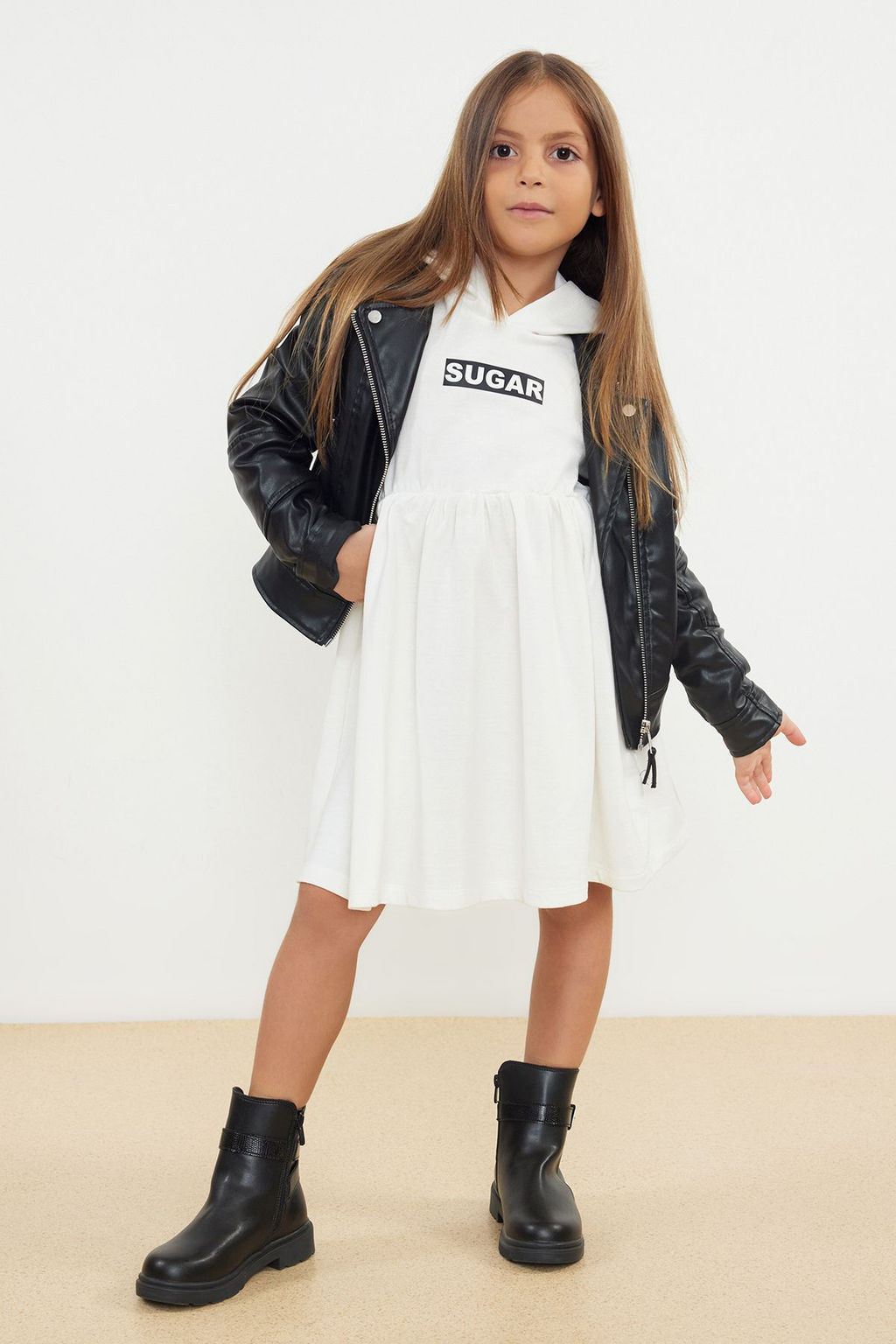 Ekru K?z Cocuk Mevsimlik-Ince Slogan Desenli Kapusonlu Pamuklu Orme Elbise TKDAW25EL00012 - Trendyolmilla фото 2