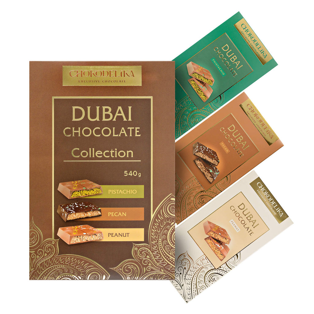 Дубайский шоколад АССОРТИ, набор из трёх вкусов: фисташка, пекан, арахис, 540 гр