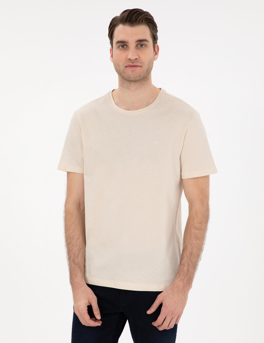 Bej %100 Pamuk Slim Fit Bisiklet Yaka Basic Ti__rt
