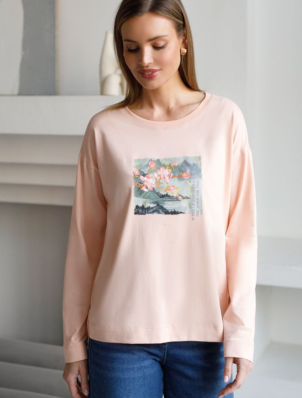 Лонгслив с принтом из премиального хлопка с эластаном - Vilatte фото 5