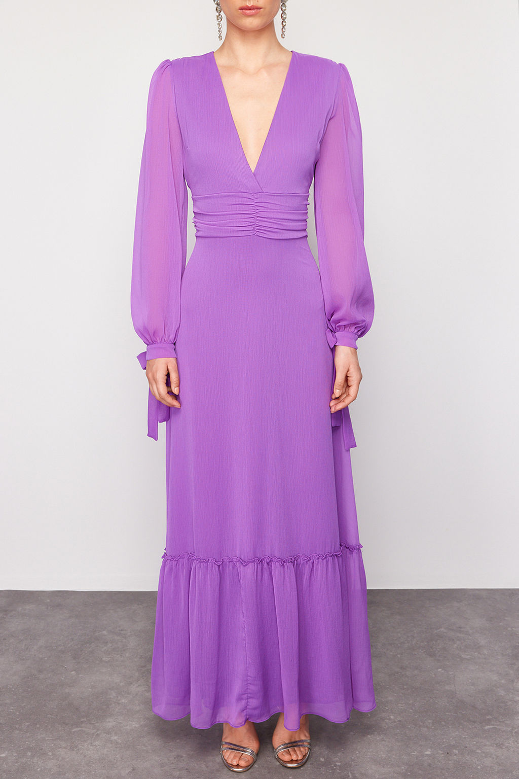 Mor A-Kesim Dokuma Sifon Uzun Gece Abiye Elbise TPRSS24AE00117 - Trendyolmilla фото 4