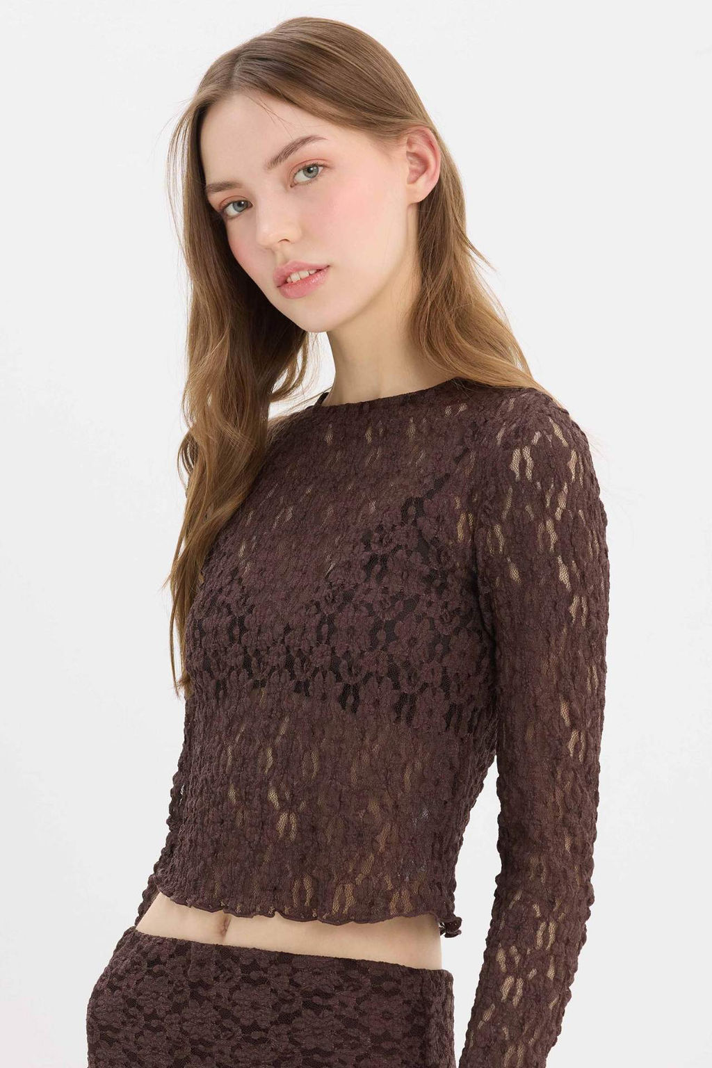 Fitted Dar Kesim Bisiklet Yaka Dantel Uzun Kollu Tisort - Defacto фото 2