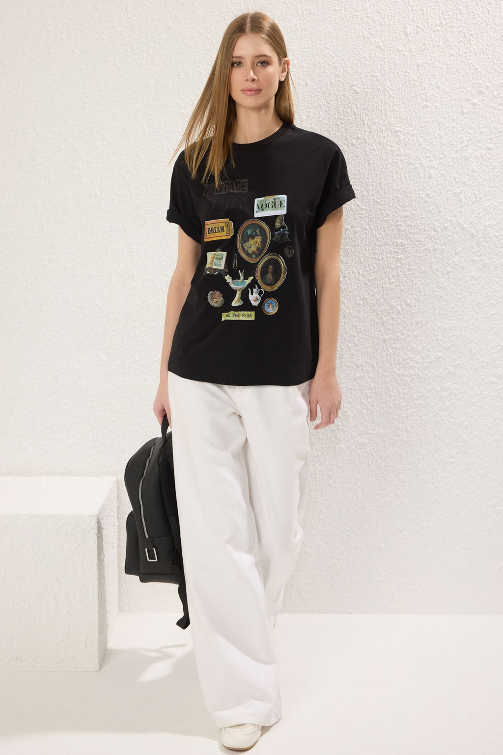 TRENDYOLMILLA Premium Siyah Melanj Bask?l? Oversize/Genis Kal?p Bisiklet Yaka Orme T-Shirt TWOSS23TS00282 фото 15