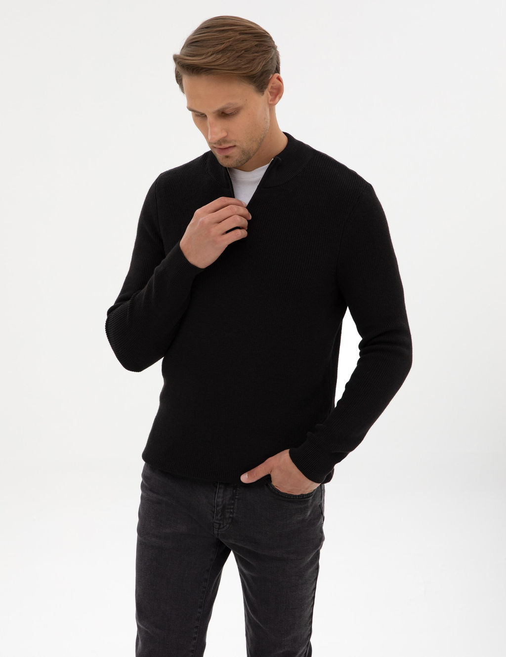 Siyah Slim Fit Dik Yaka Fermuarl_ Triko Kazak - Pierre cardin фото 3