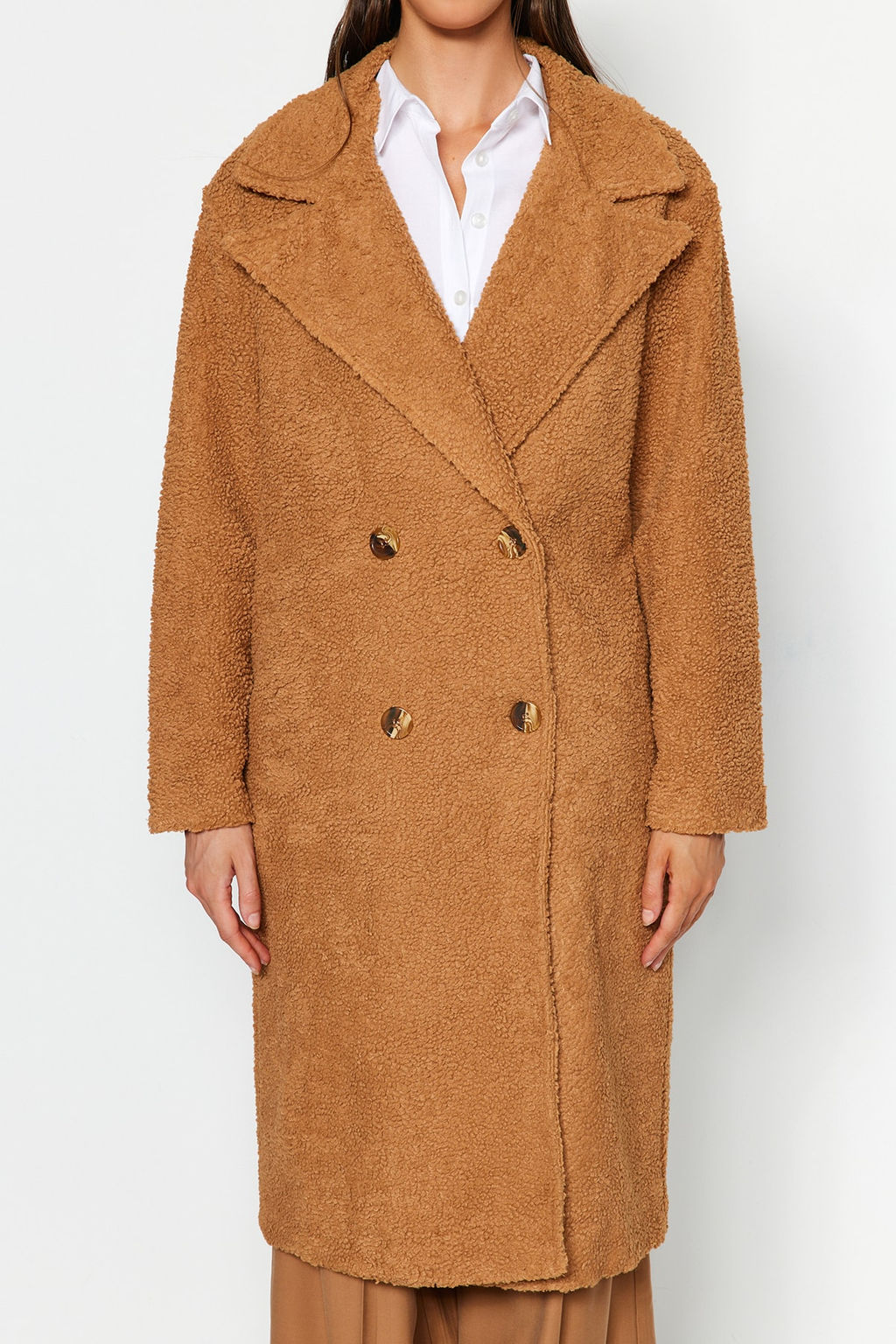 Camel Oversize Genis Kesim Uzun Buklet Kaban TWOAW24KB00037