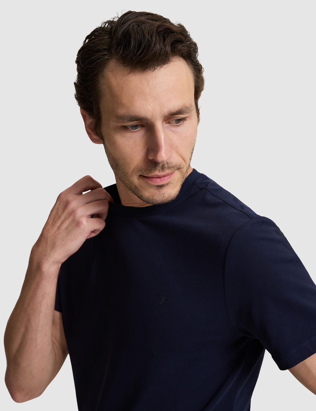 Lacivert Slim Fit Pamuk Kar___ml_ Bisiklet Yaka Basic T-shirt