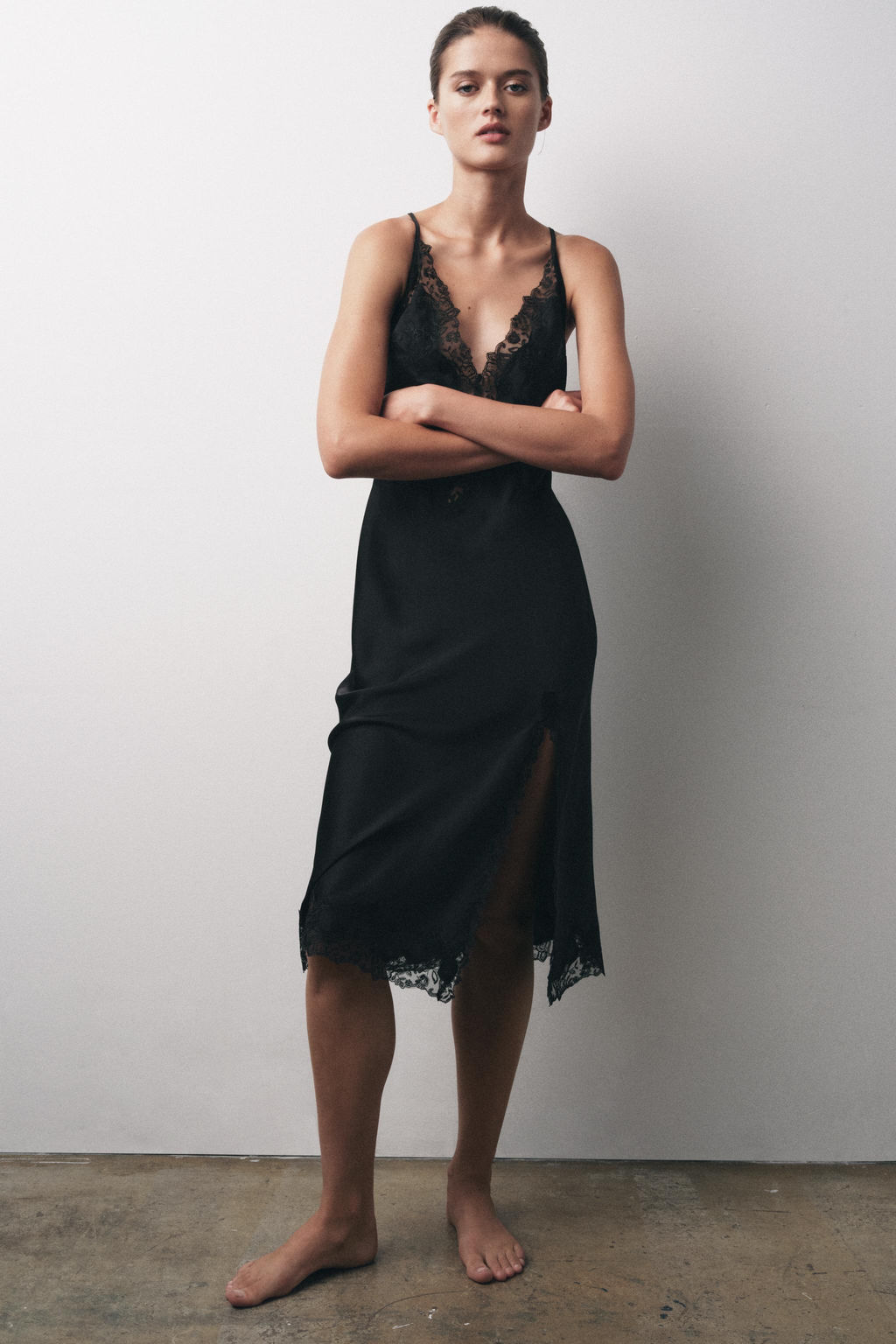 EMBROIDERED LACE SATIN DRESS