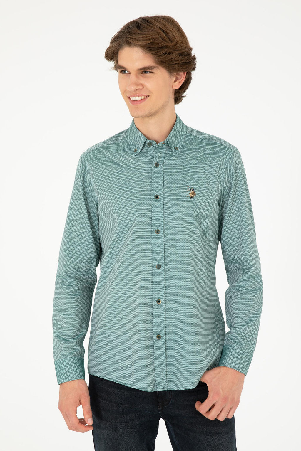 Мужская темно-зеленая базовая рубашка с длинным рукавом - U.s. polo assn фото 10