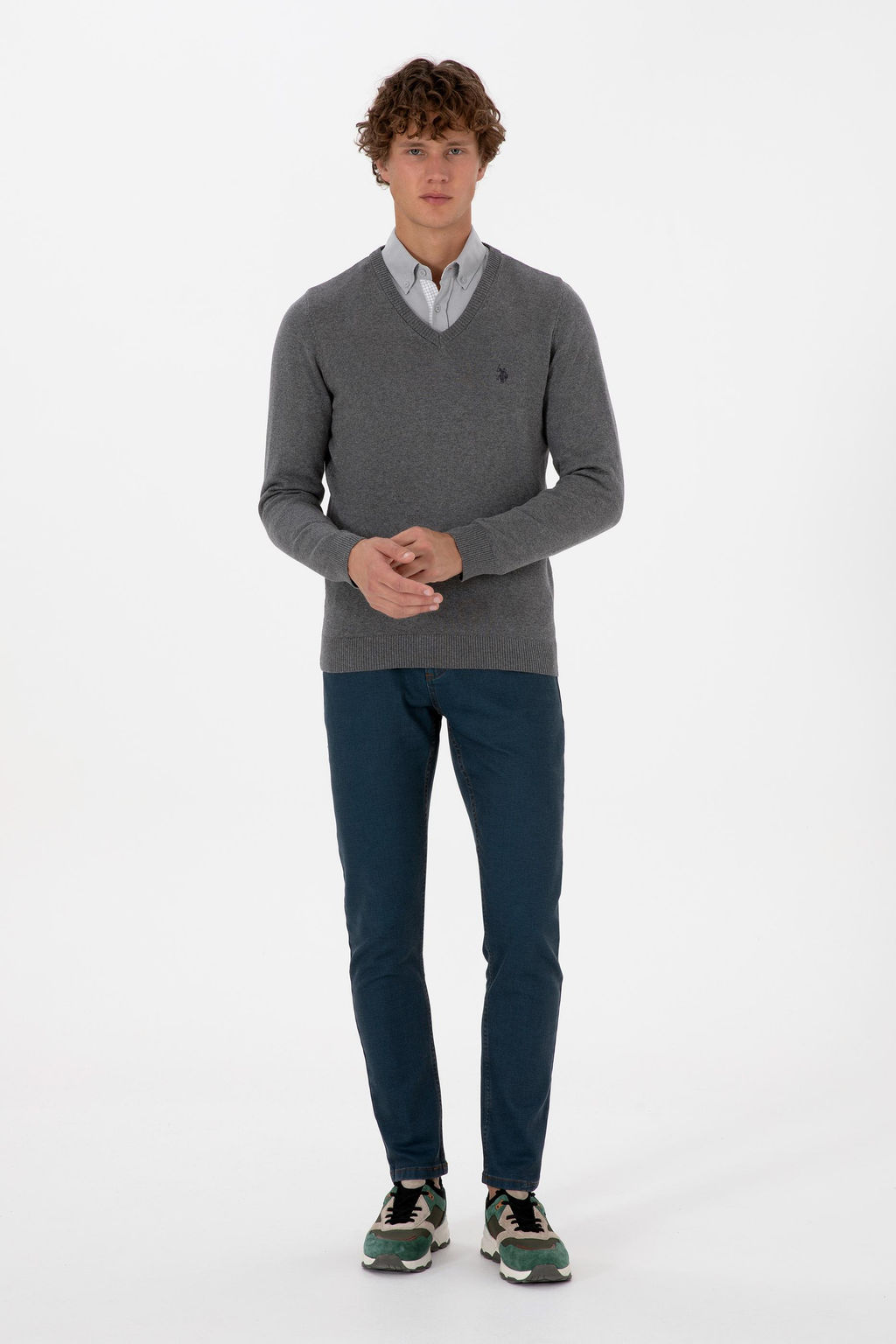 Erkek Slim Fit V Yaka Gri Melanj Basic Triko Kazak - U.s. polo assn фото 4