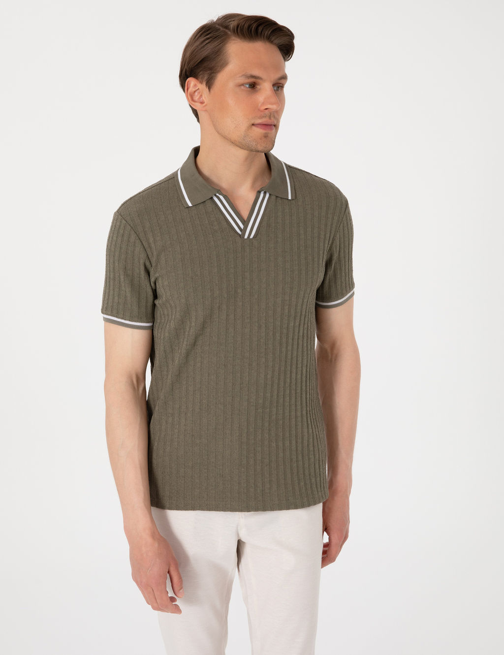 Haki Slim Fit _rme Dokulu Apa_ Yaka Ti__rt