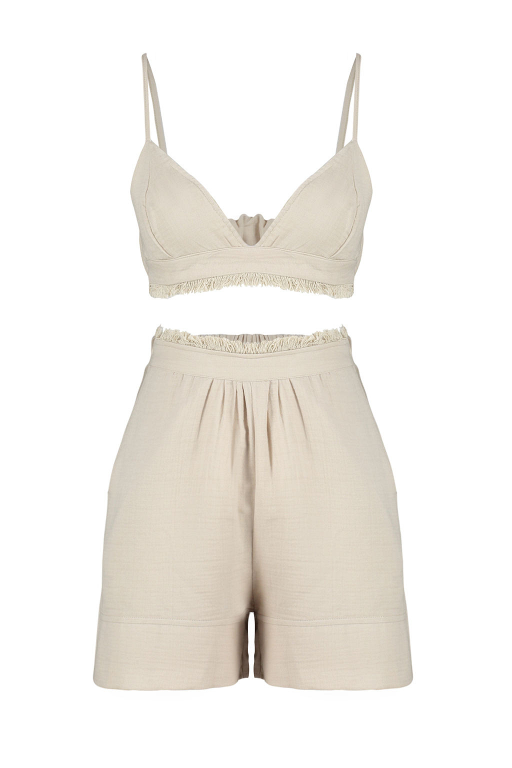 Trendyolmilla Premium Bej %100 Pamuklu Puskul Detayl? Ip Ask?l? Muslin Sortlu Dokuma Pijama Tak?m? THMSS24PT00076  фото 8