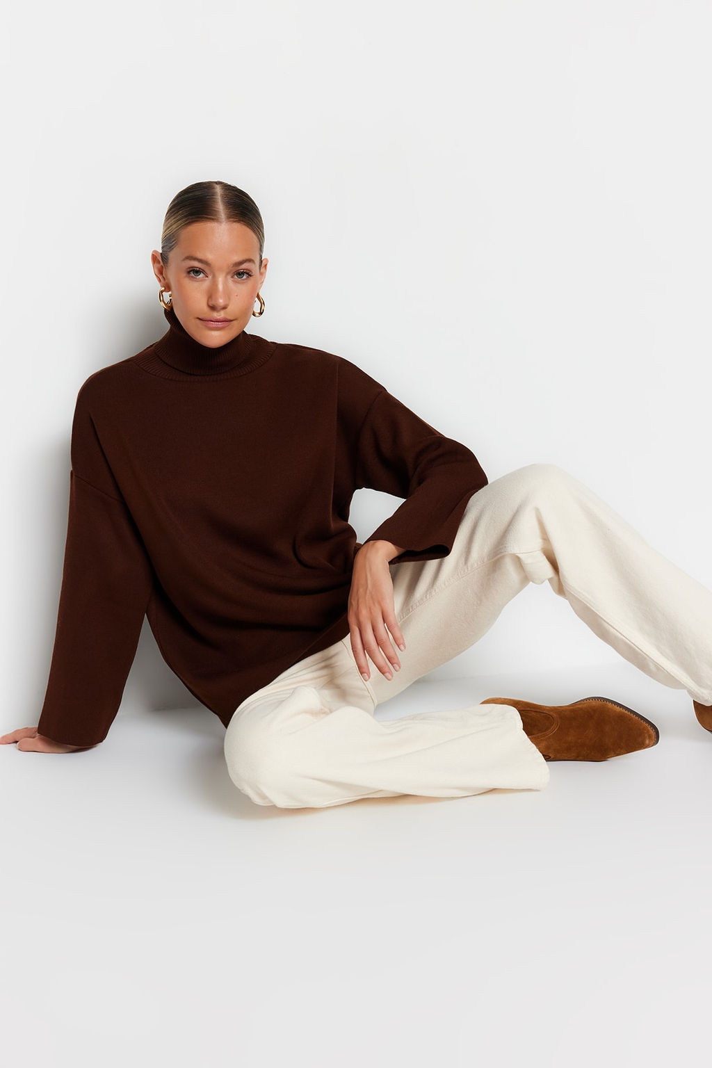 Kahverengi Genis Kal?p Basic Triko Kazak TWOAW23KZ00206