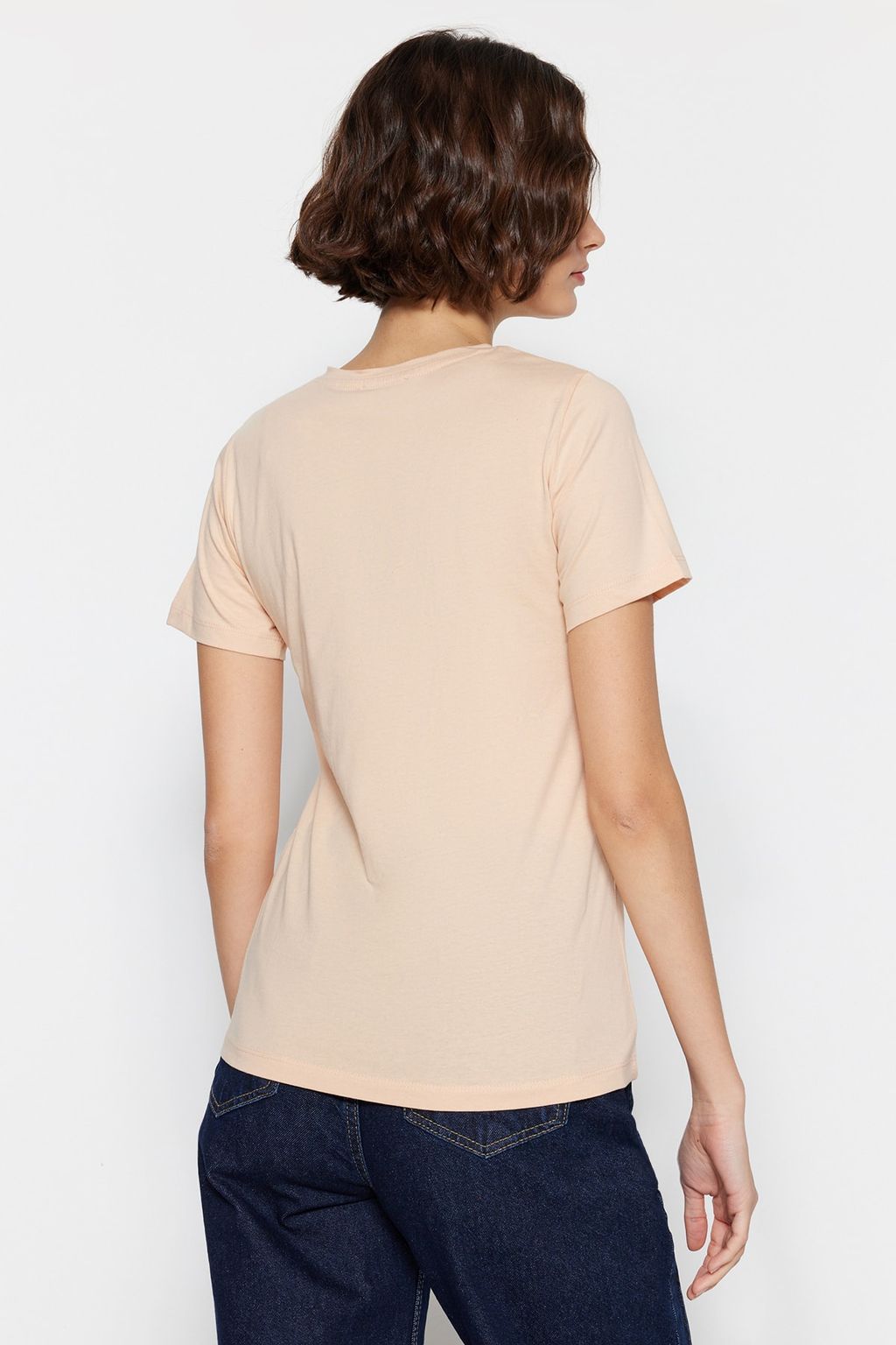 Lacivert-Bej %100 Pamuk 2li Paket Basic Bisiklet Yaka Orme T-Shirt TWOSS20TS0141