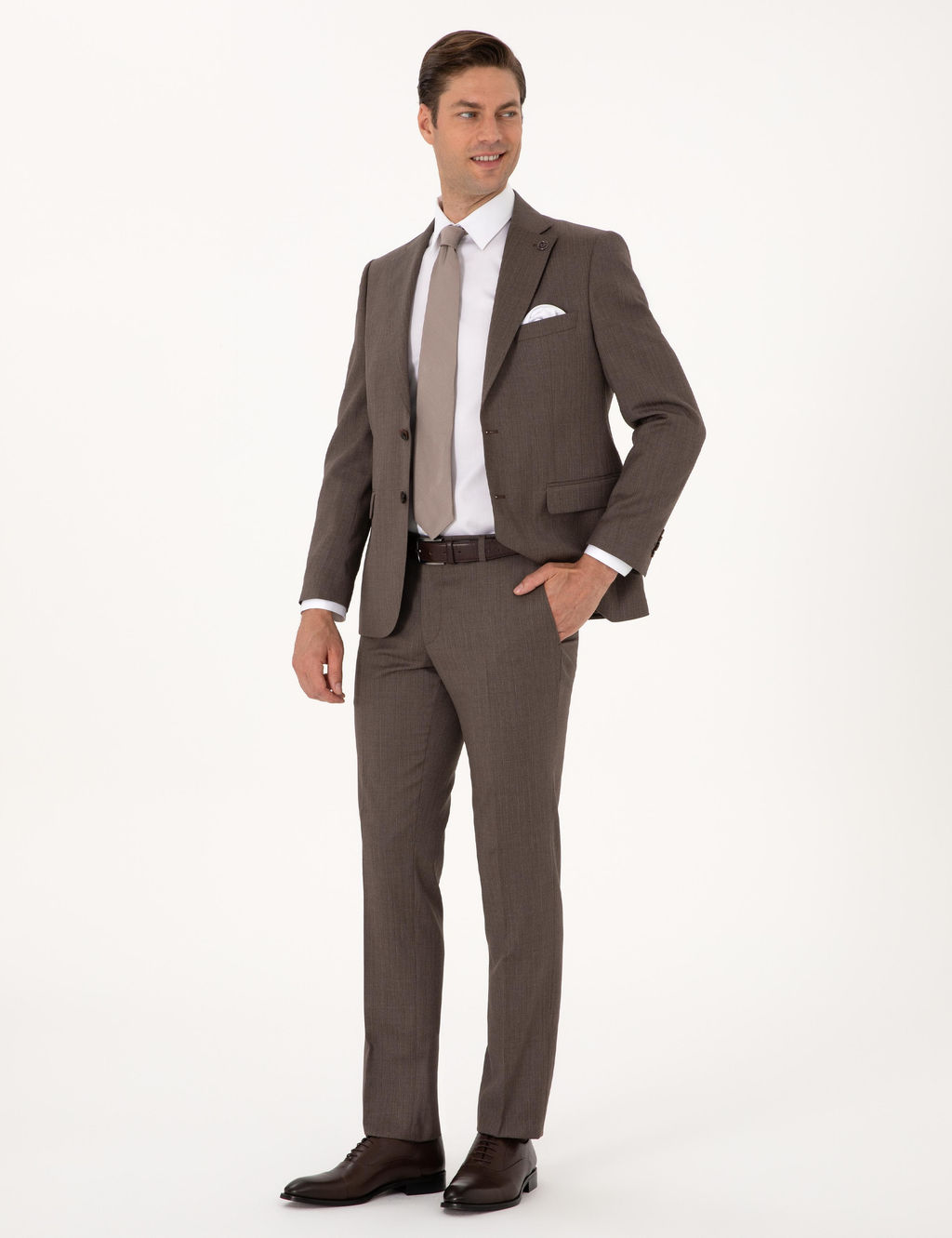 Kahverengi Slim Fit %100 Y_n _izgili Tak_m Elbise