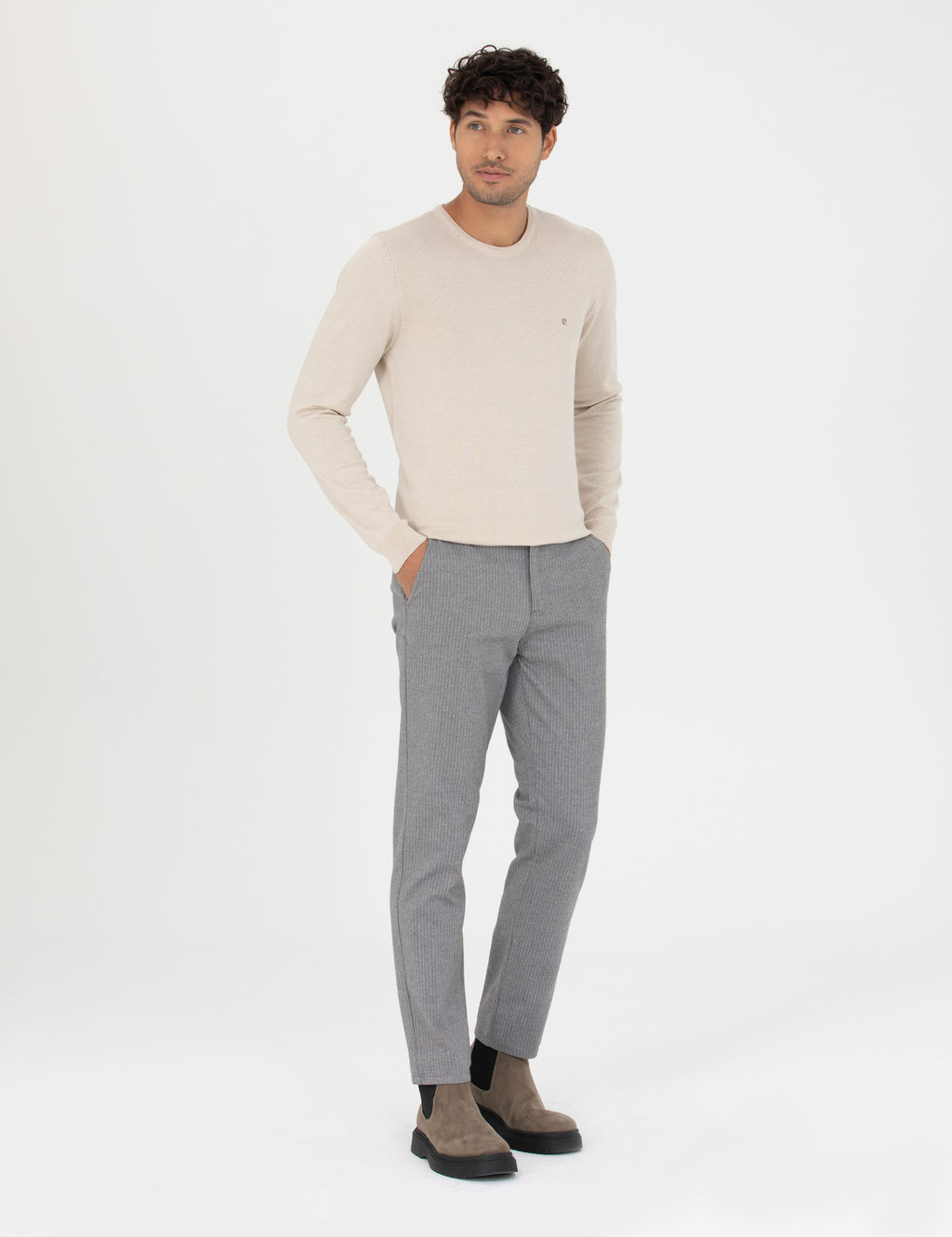 Gri Slim Fit _izgili Kanvas Pantolon