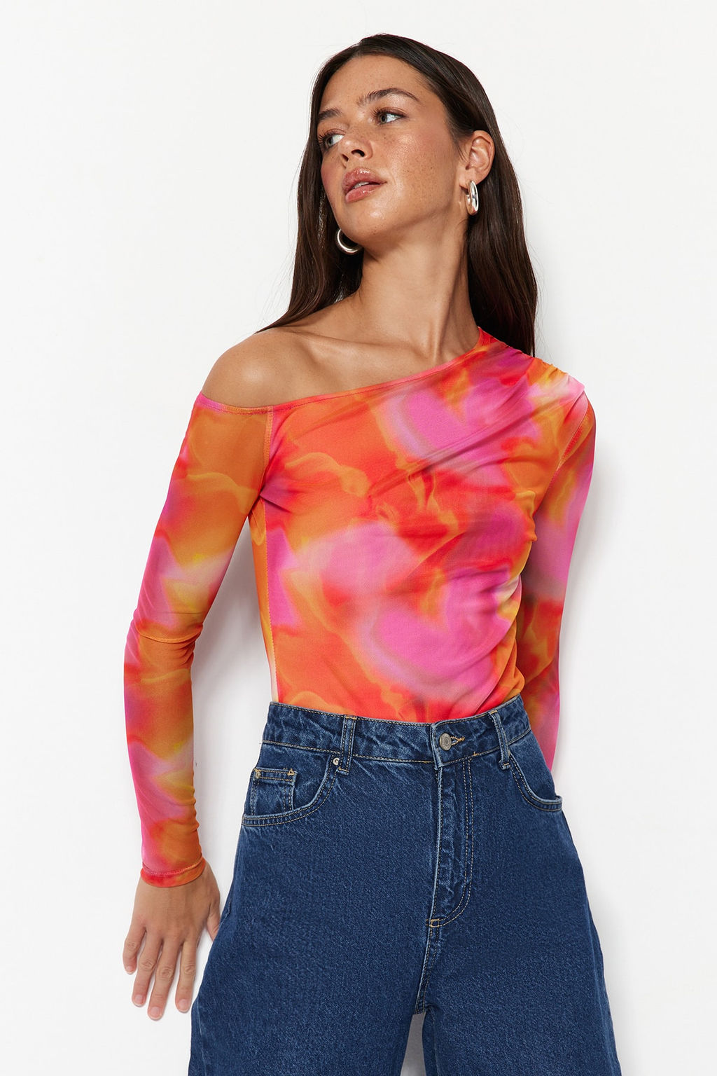 Pembe Desenli Tul S?rt? Transparan Fitted/Vucuda Oturan Esnek C?tc?tl? Orme Body TWOSS23BD00024