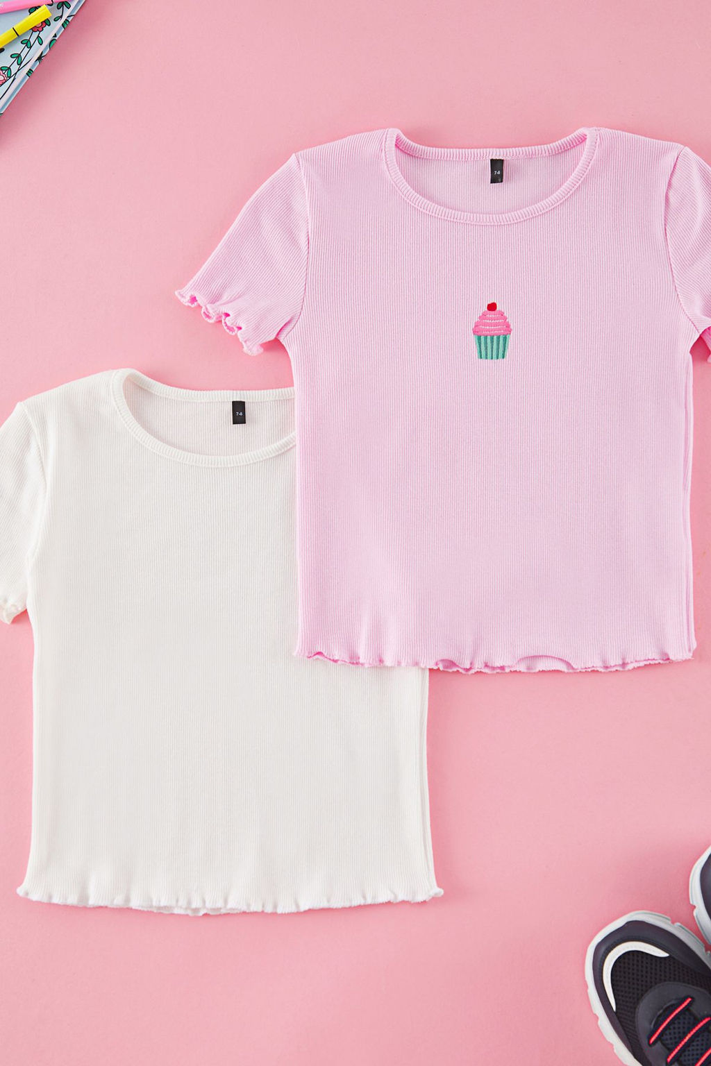 Ekru-Pembe 2li K?z Cocuk Pamuklu Crop K?sa Kol Orme T-Shirt TKDSS25TS00027 - Trendyolmilla фото 6