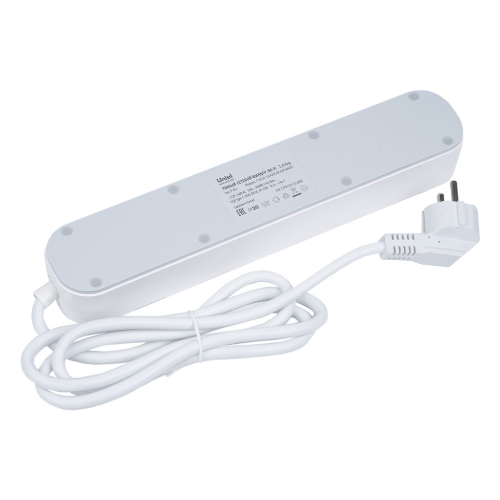 P-GCL4-1,8 A201/UC/WF WHITE Умный сетевой фильтр Wi-Fi, 1.8м (Пвс 3х1,5), 4 гнезда, с/з, 2USB+Type-C (5В, 3A). 16A. До 3680Вт. Голосовое управление+приложение UnielSmart. TM Uniel