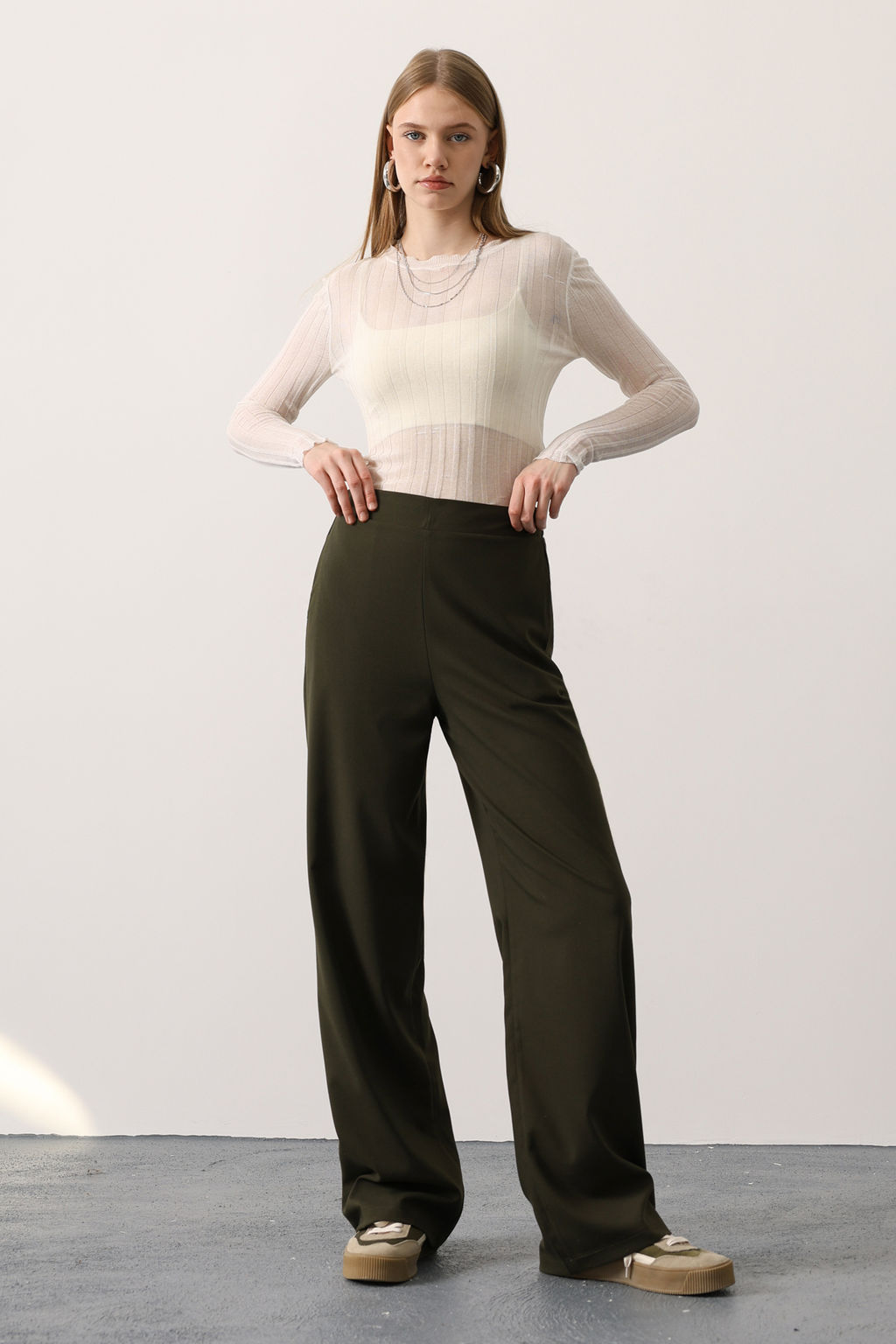 Haki Beli Lastikli Wide Leg/Genis Paca Pantolon TWOAW26PL00132