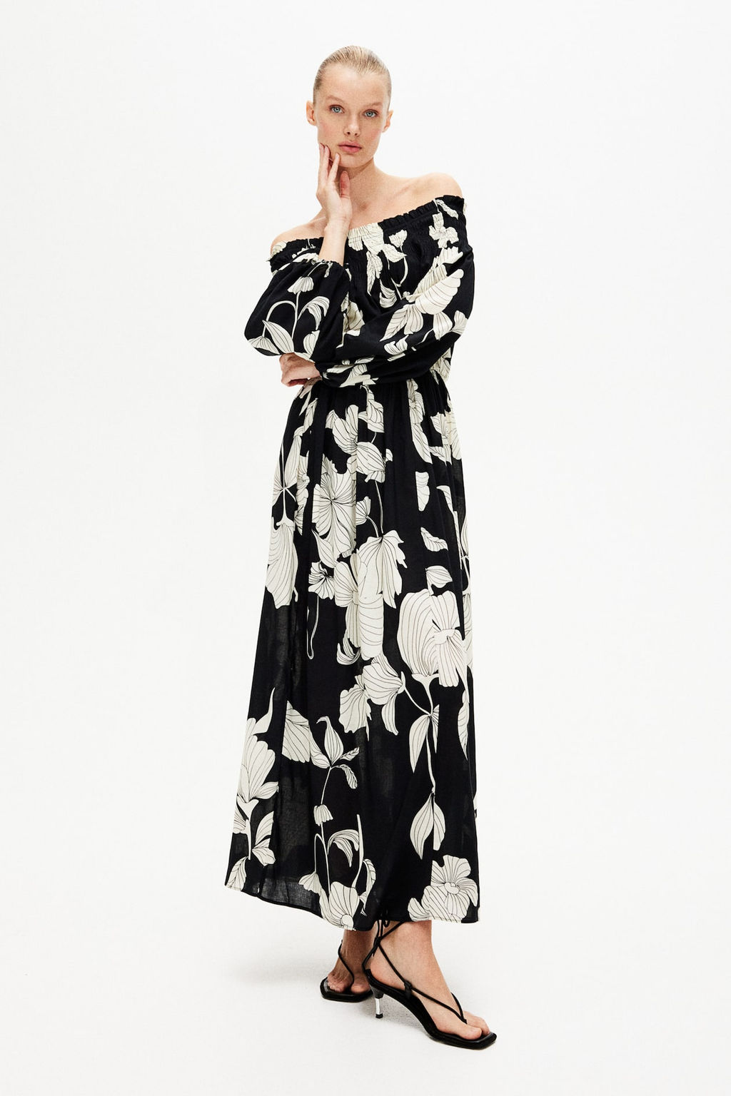 Vestido off-the-shoulder con escote nido de abeja - H&m фото 2