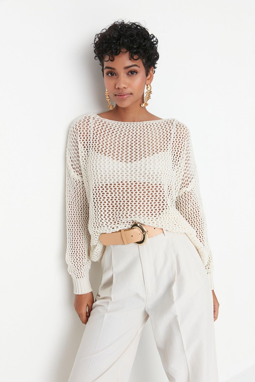 Ekru Ekstra Genis Kal?p Pamuklu Ajurlu/Delikli Triko Kazak TWOAW20FV0184